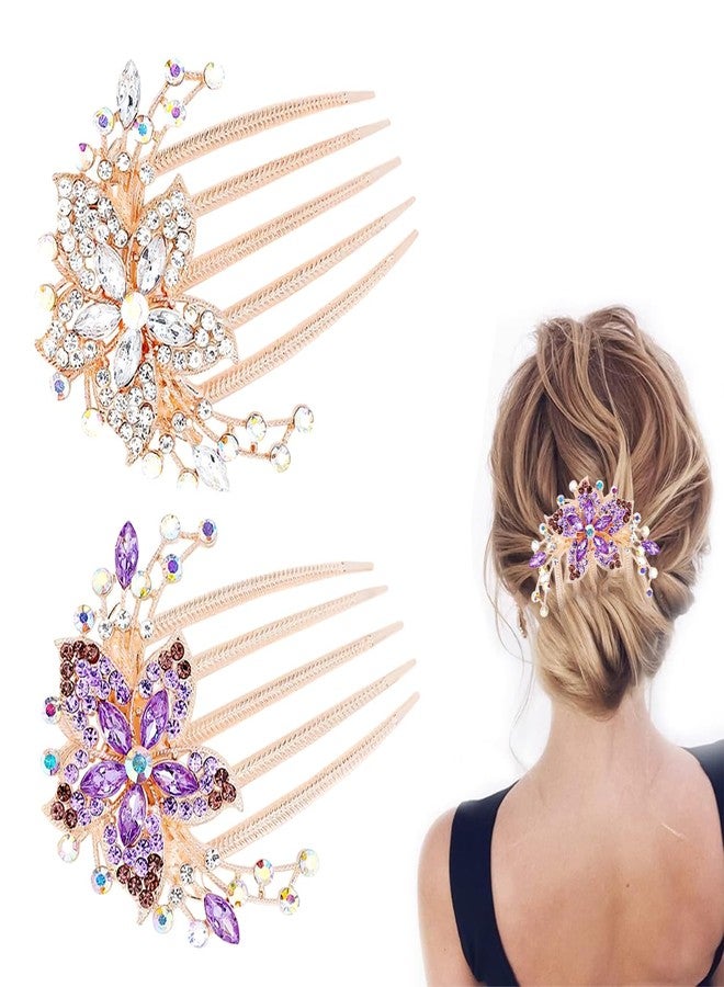 TecoKart® 2 Pcs Elegant Floral Juda Accessories for Women - Stylish Pearl Hair Bun Accessories - Strong Hold Metal Comb Hair Pins for Hair Styling (Silver & Purple) - Image 1