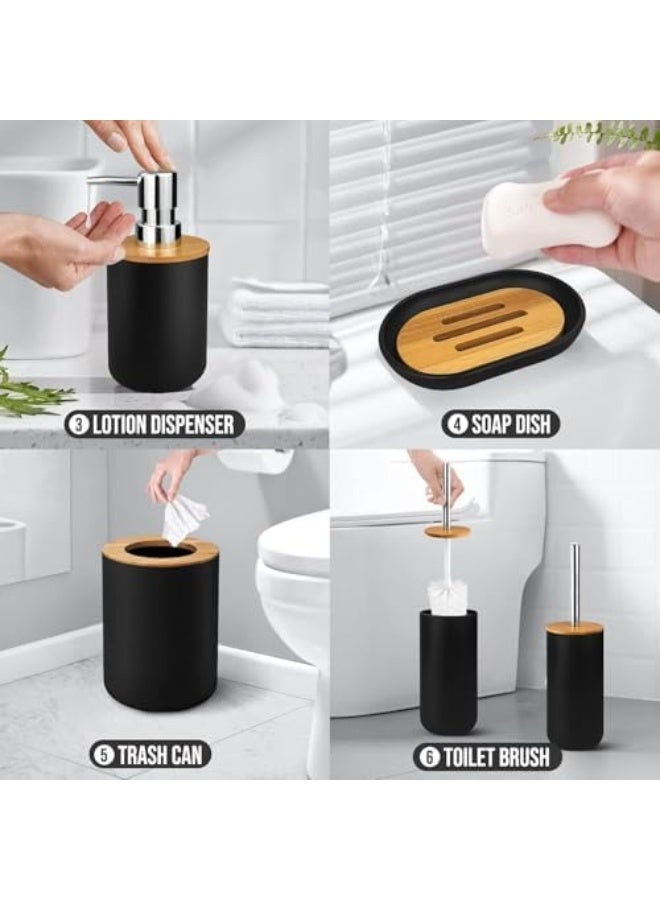 حامل فرشاة أسنان بلاستيك من 6 قطع من فالاهوم، إكسسوارات الحمام، كوب فرشاة الأسنان، موزع صابون وطبق، حامل فرشاة المرحاض، سلة مهملات، مجموعة أكواب وماصة (أسود) - Image 5