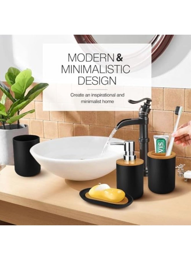 حامل فرشاة أسنان بلاستيك من 6 قطع من فالاهوم، إكسسوارات الحمام، كوب فرشاة الأسنان، موزع صابون وطبق، حامل فرشاة المرحاض، سلة مهملات، مجموعة أكواب وماصة (أسود) - Image 4