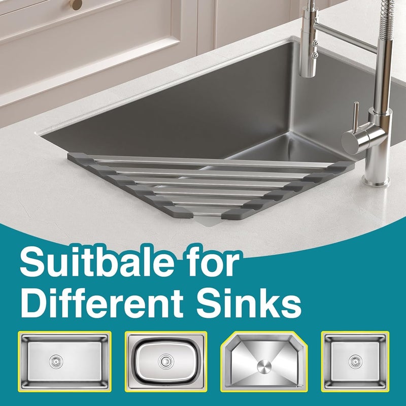 COOL-ANGLE Triangular Dish Drying Rack, Sponge Holder for Kitchen Sink Multipurpose Over The Sink Aluminum Draining Rack Non-Slip, Easy to Clean and Space Saving, Triangular 16 x 9.5inch Matte Grey - Image 5