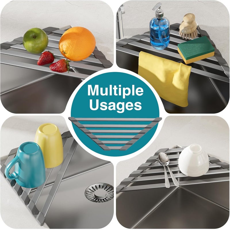 COOL-ANGLE Triangular Dish Drying Rack, Sponge Holder for Kitchen Sink Multipurpose Over The Sink Aluminum Draining Rack Non-Slip, Easy to Clean and Space Saving, Triangular 16 x 9.5inch Matte Grey - Image 4