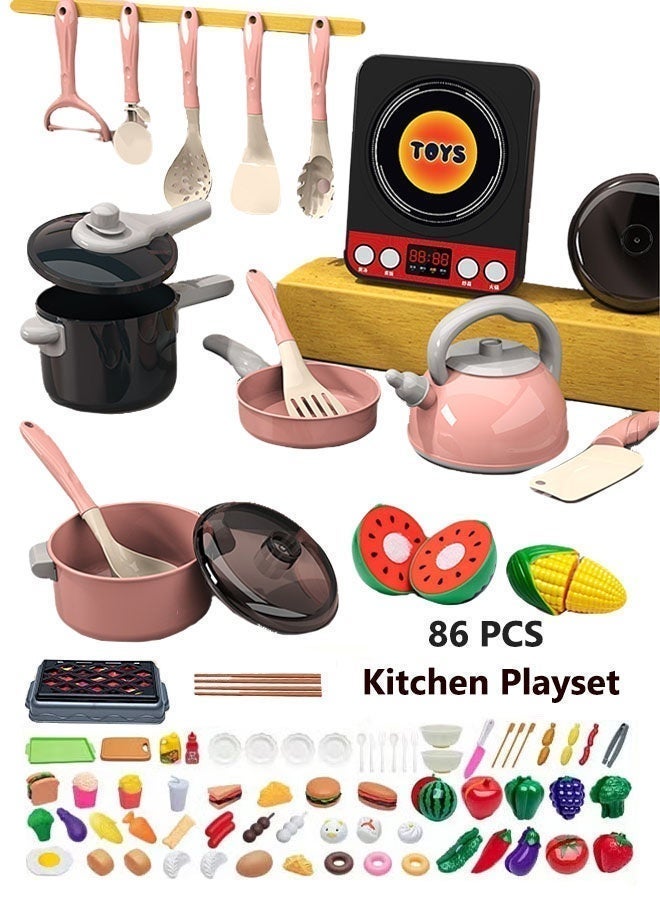 86 Pieces Kids Kitchen Playset, Kitchen Toy Set,Portable Pretend Play Simulation Induction Cooker Cooking Tableware Fruit Toys Kitchen Utensils With Sound Effects Various Styles Of Play - Image 1