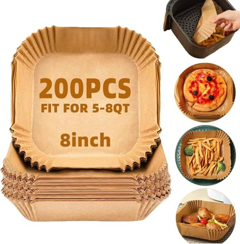 LYHOLKEER Air Fryer Liners Disposable,200Pcs Parchment Paper,LYHOLKEER 8IN Disposable Air Fryer Paper Liners for 5-8QT Air Fryer, Non-Stick, Square Liners Free of Bleach - Image 1