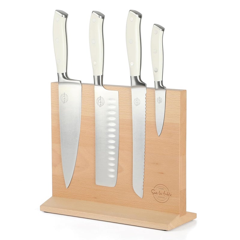 Sur La Table Kitchen Essentials 5 Piece German Steel Blade wTriple Riveted Handle Set on Beechwood Magentic Block Linen White - Image 1
