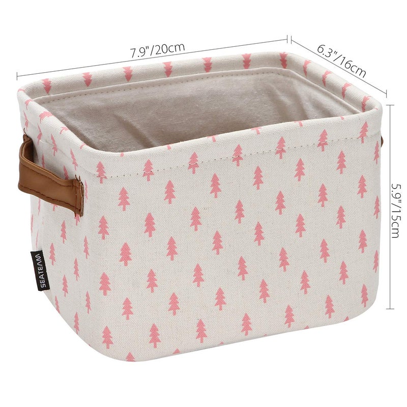 Sea Team Collapsible Small Canvas Fabric Storage Basket with Handles, Square Mini Storage Box, Cube, Foldable Shelf Basket, Closet, Desk Organizer for Nursery, Home, Office (Pink, Set of 4) - Image 2