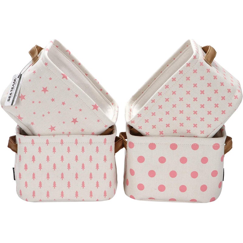 Sea Team Collapsible Small Canvas Fabric Storage Basket with Handles, Square Mini Storage Box, Cube, Foldable Shelf Basket, Closet, Desk Organizer for Nursery, Home, Office (Pink, Set of 4) - Image 1