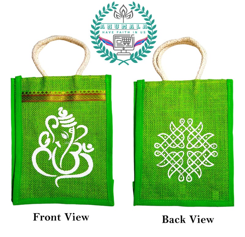 Anumala Unisex Jute Bags With Contrast Ganesh And Kolam Art | Thamboolam And Jute Bags|Wedding And Birthday Return Gifts|Event Gifts Bag|Multicolor (10X8X4) Inches, Shopping Tote - Image 4
