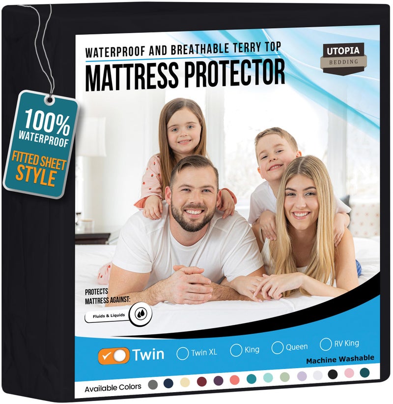 Utopia Bedding Waterproof Mattress Protector Twin Size, Premium Terry Mattress Cover 200 GSM, Breathable, Fitted Style with Stretchable Pockets (Black) - Image 1