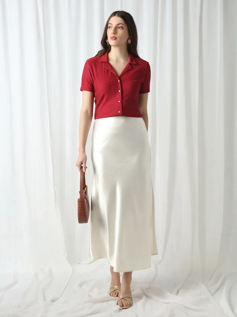 globus Globus Women Maroon Cuban Collar Short Sleeves Self Design Slim Fit Workwear Top