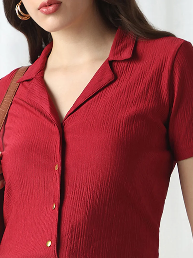 globus Globus Women Maroon Cuban Collar Short Sleeves Self Design Slim Fit Workwear Top