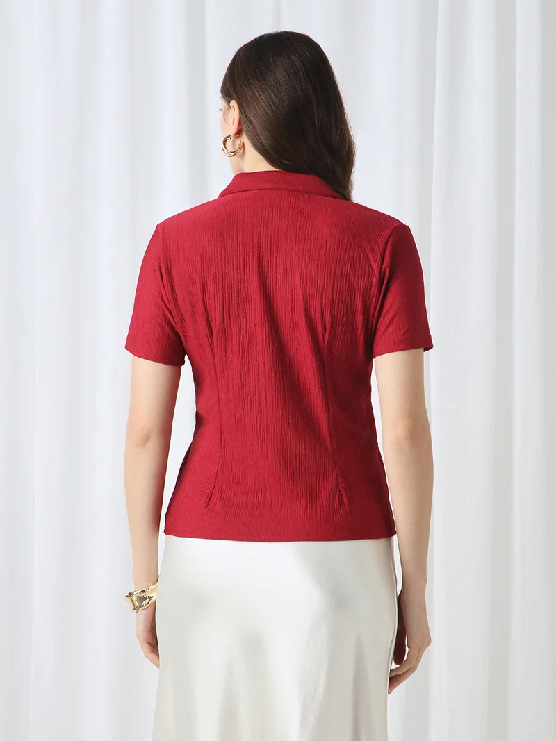 globus Globus Women Maroon Cuban Collar Short Sleeves Self Design Slim Fit Workwear Top