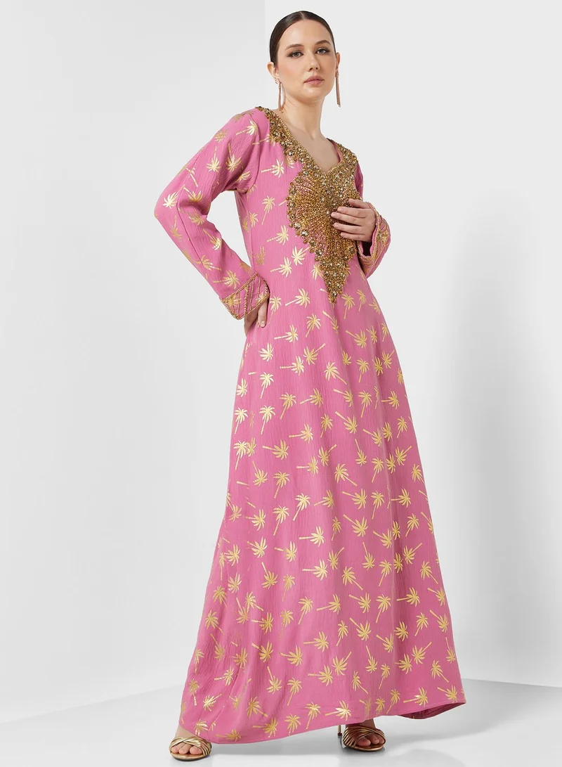 ARABIAN CLOSET Embellished V- Neck Jalabiya