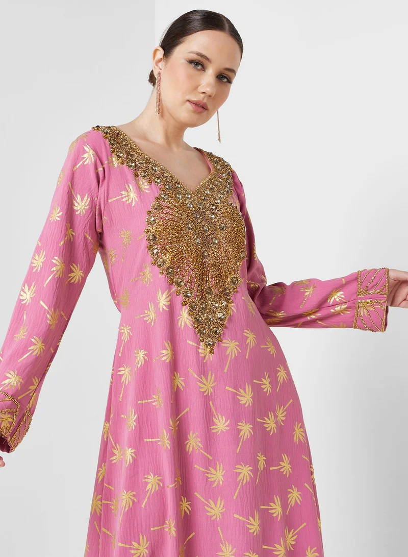 ARABIAN CLOSET Embellished V- Neck Jalabiya