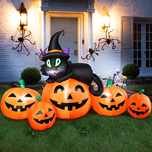 FunFanso 5FT Halloween Inflatable Pumpkin Outdoor Decoration, Lighted Blow Up Yard Decor, 5PCS Pumpkins with Witch’s Black Cat Built-in LED Lights for Balcony Home Holiday Party Lawn Patio Outside Events Prop - Image 1