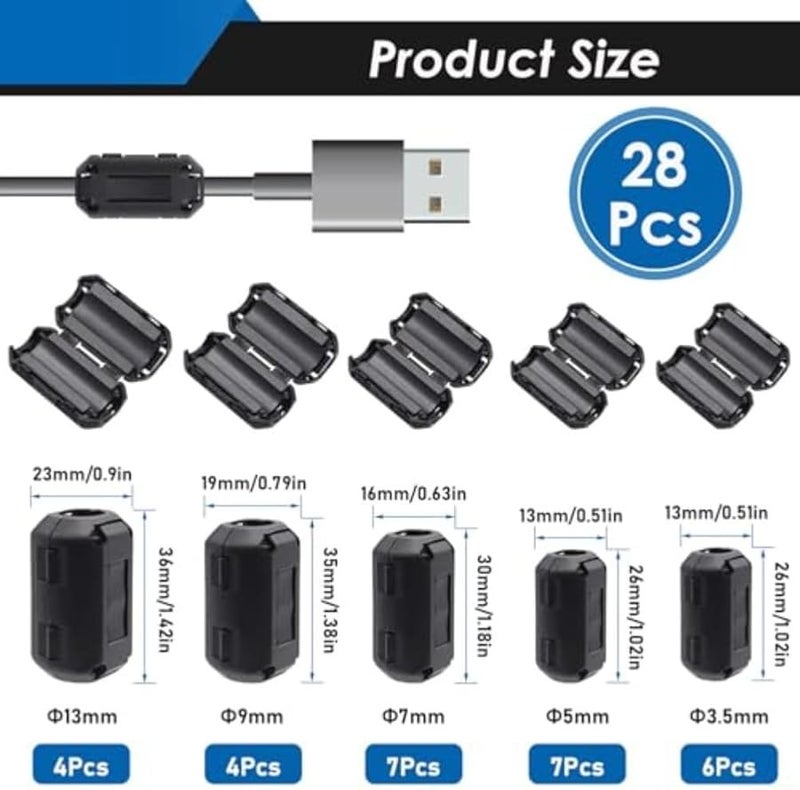 28 قطعة من الحلقات الأساسية الفريتية السوداء القابلة للتركيب لقمع ضوضاء RFI و EMI، مشبك كابل - Image 3