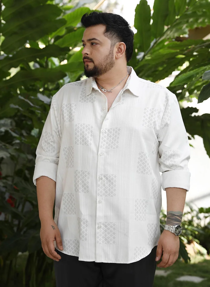 Instafab Plus Instafab Plus Men's Daisy White Indie-Block Imprint Shirt For Casual Wear | Spread Collar | Long Cuffed Sleeves | Button Closure | Plus Size Shirt Crafted With Comfort Fit For Everyday Wear