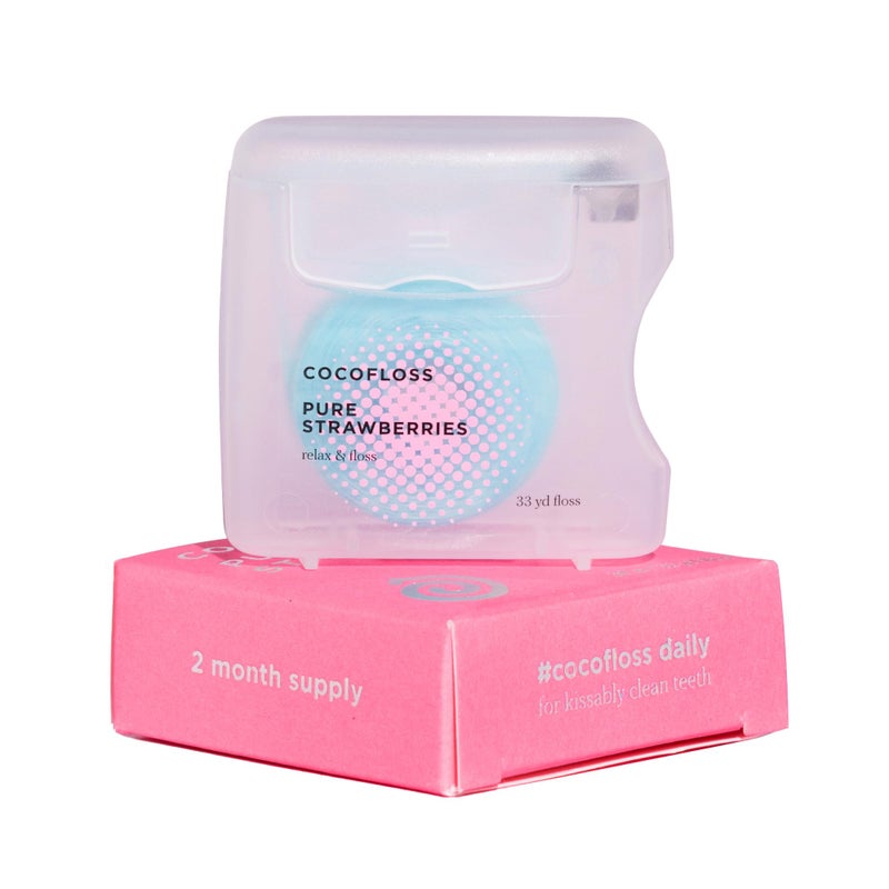 Cocofloss Woven Dental Floss, Dentist-Designed Oral Care, Strawberry Scent, Waxed, Expanding, Kid-Friendly String Floss with Coconut Oil, 1 Spool (33 yd) - Image 1