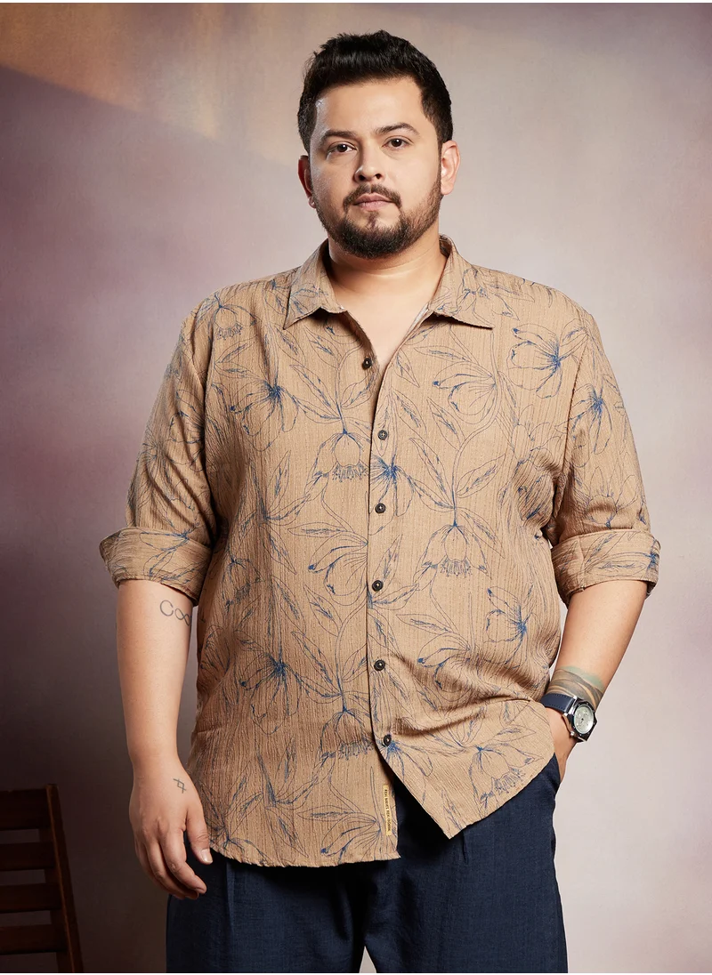 انستافاب بلس Instafab Plus Men's Ash Brown Bloomline-Tactile Shirt For Casual Wear | Spread Collar | Long Cuffed Sleeves | Button Closure | Plus Size Shirt Crafted With Comfort Fit For Everyday Wear