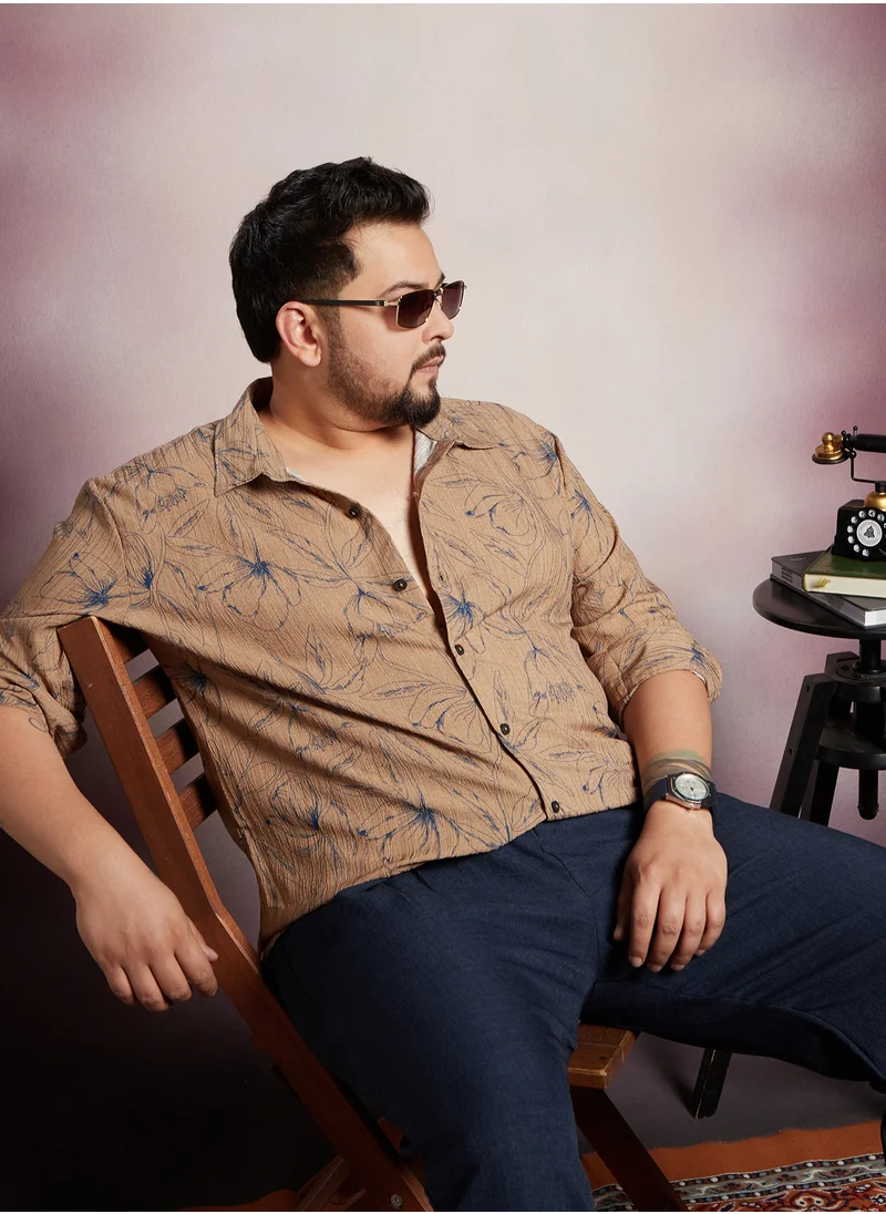 انستافاب بلس Instafab Plus Men's Ash Brown Bloomline-Tactile Shirt For Casual Wear | Spread Collar | Long Cuffed Sleeves | Button Closure | Plus Size Shirt Crafted With Comfort Fit For Everyday Wear