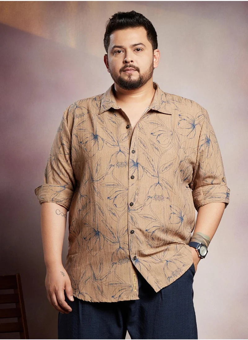 انستافاب بلس Instafab Plus Men's Ash Brown Bloomline-Tactile Shirt For Casual Wear | Spread Collar | Long Cuffed Sleeves | Button Closure | Plus Size Shirt Crafted With Comfort Fit For Everyday Wear