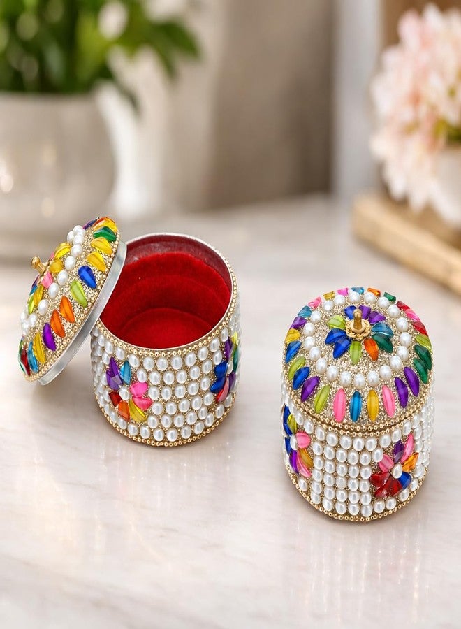 Craftam Pearl And Silver Stone Jewelry Box, Decorative Jewellery Dabbi Organizer for Rings, Earrings, Trinkets,Decorative Gift Box for Women (7×7×6 cm, Pack of 2) - Image 1