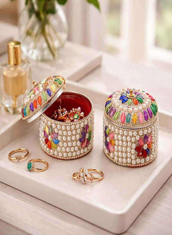 Craftam Pearl And Silver Stone Jewelry Box, Decorative Jewellery Dabbi Organizer for Rings, Earrings, Trinkets,Decorative Gift Box for Women (7×7×6 cm, Pack of 2) - Image 4