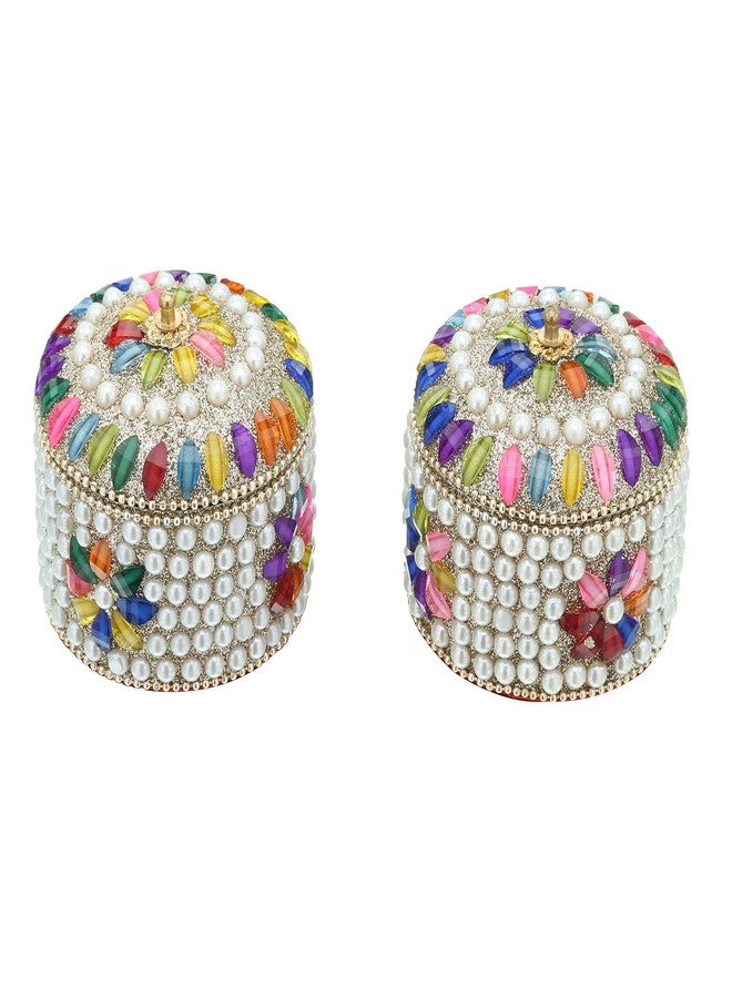 Craftam Pearl And Silver Stone Jewelry Box, Decorative Jewellery Dabbi Organizer for Rings, Earrings, Trinkets,Decorative Gift Box for Women (7×7×6 cm, Pack of 2) - Image 2