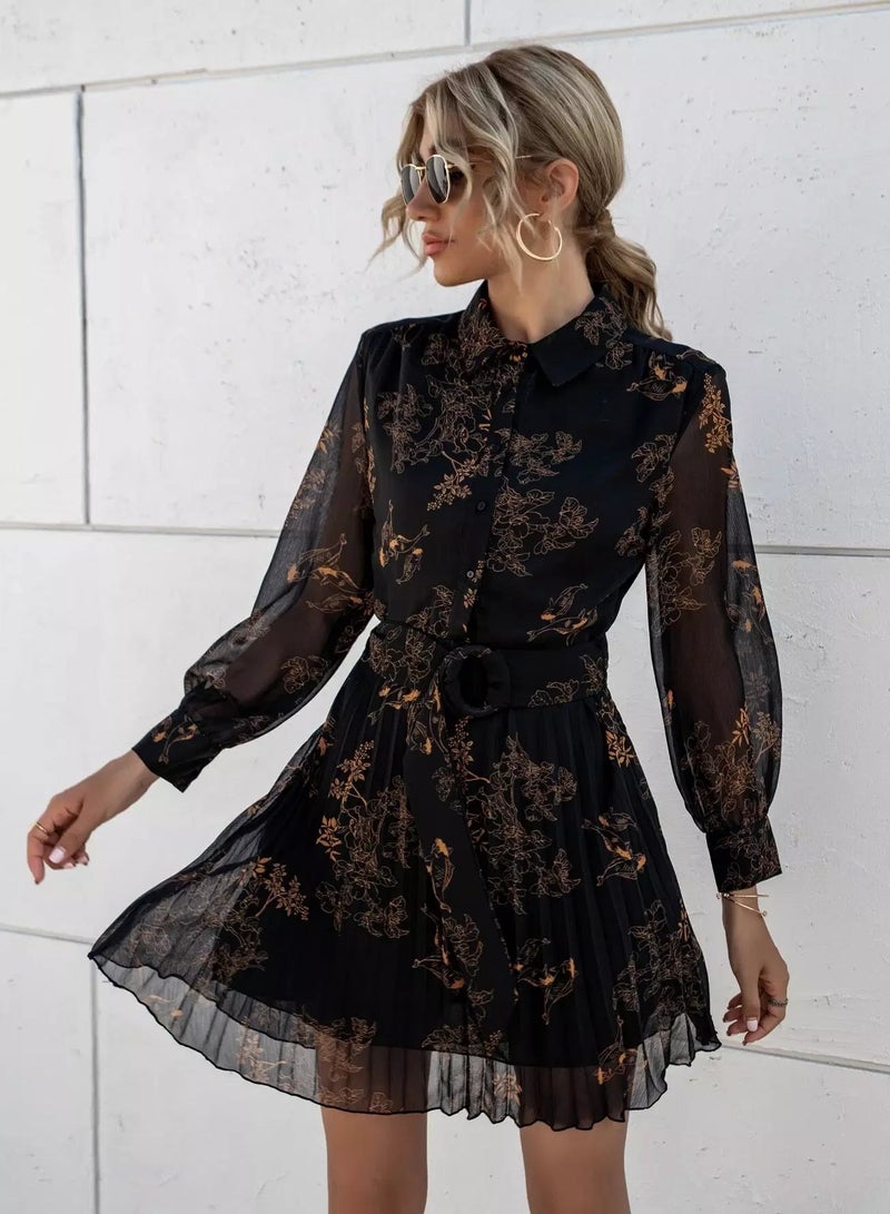 Flower Print Belted Button Front Dress  - Image 1