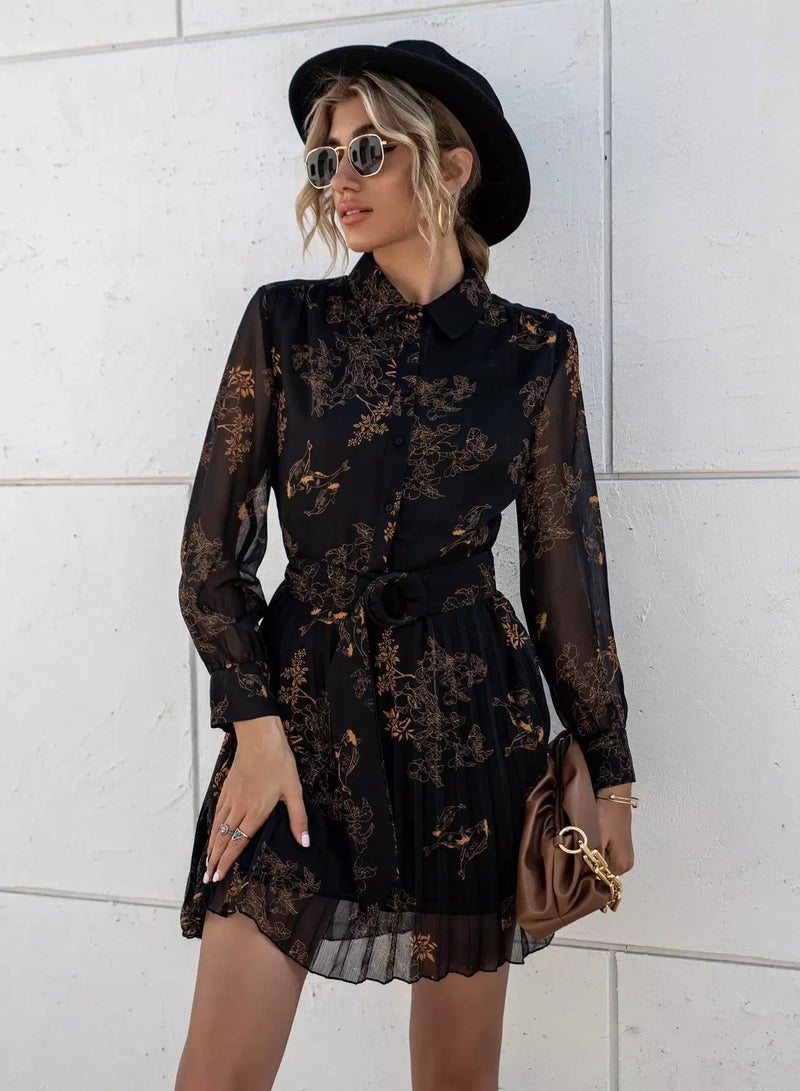 Flower Print Belted Button Front Dress  - Image 3