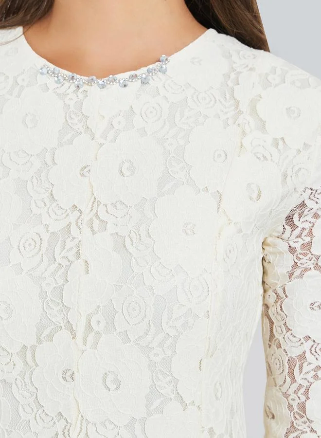 Styli ivory Off-White Floral Lace A-Line Maxi Dress for Women | Best Price UAE