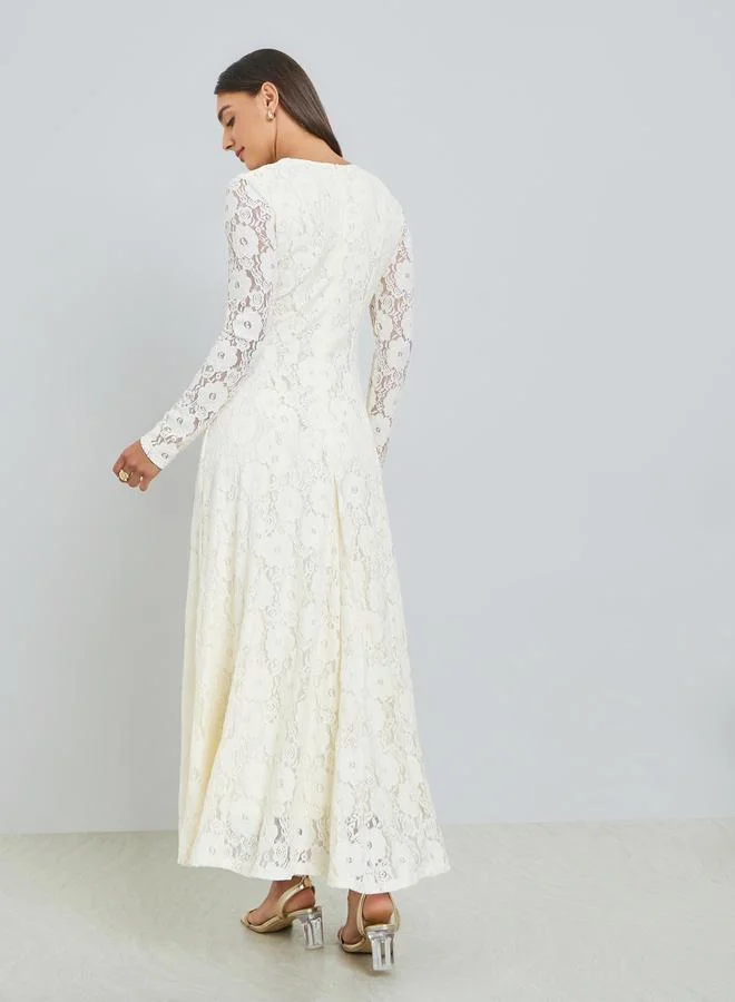 Styli ivory Off-White Floral Lace A-Line Maxi Dress for Women | Best Price UAE