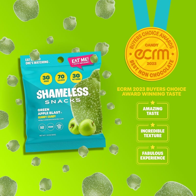 Shameless وجبات خفيفة بلا خجل - انفجار التفاح الأخضر - حلوى جيلاتينية صحية منخفضة السعرات الحرارية كيتو، 6 عبوات - Image 4