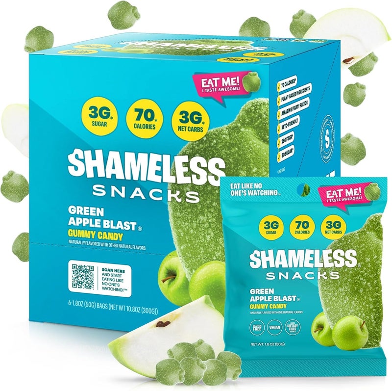 Shameless وجبات خفيفة بلا خجل - انفجار التفاح الأخضر - حلوى جيلاتينية صحية منخفضة السعرات الحرارية كيتو، 6 عبوات - Image 1