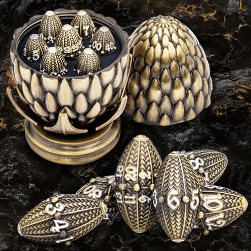ARUOHHA DND Metal Dice Bronze Dragon Egg Dice with Rotating Dragon Egg Shell Role Playing Game RPG Polyhedral D and D Dice Set D20 D12 D10 D8 D6 D4 - Image 1