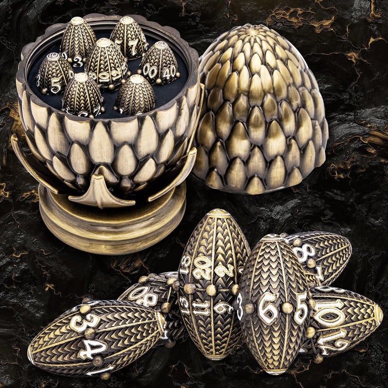 ARUOHHA DND Metal Dice Bronze Dragon Egg Dice with Rotating Dragon Egg Shell Role Playing Game RPG Polyhedral D and D Dice Set D20 D12 D10 D8 D6 D4 - Image 3