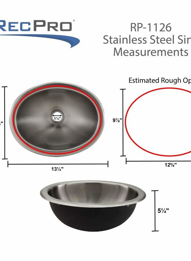 RecPro RV 10" x 13" Stainless Steel Oval Sink | Single Bowl | 1.5 Drain Hole (No Faucet) - Image 5