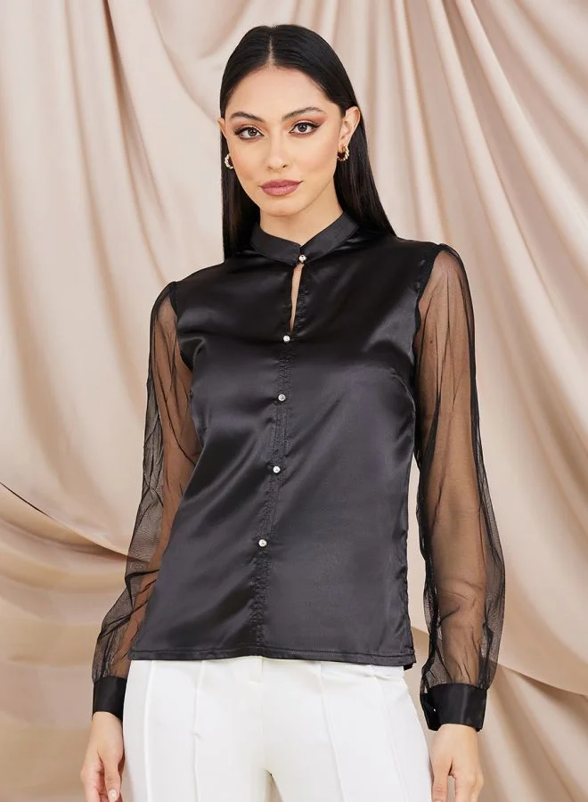 Styli Mesh Sleeve Stand Collar Regular Fit Blouse