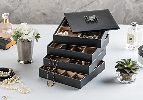 Glenor Co Jewelry Organizer Tray - 4 Stackable Trays & Lid with Mirror - 27 Slot Storage for Drawer, Dresser - Black - Image 2