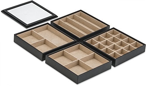 Glenor Co Jewelry Organizer Tray - 4 Stackable Trays & Lid with Mirror - 27 Slot Storage for Drawer, Dresser - Black - Image 5