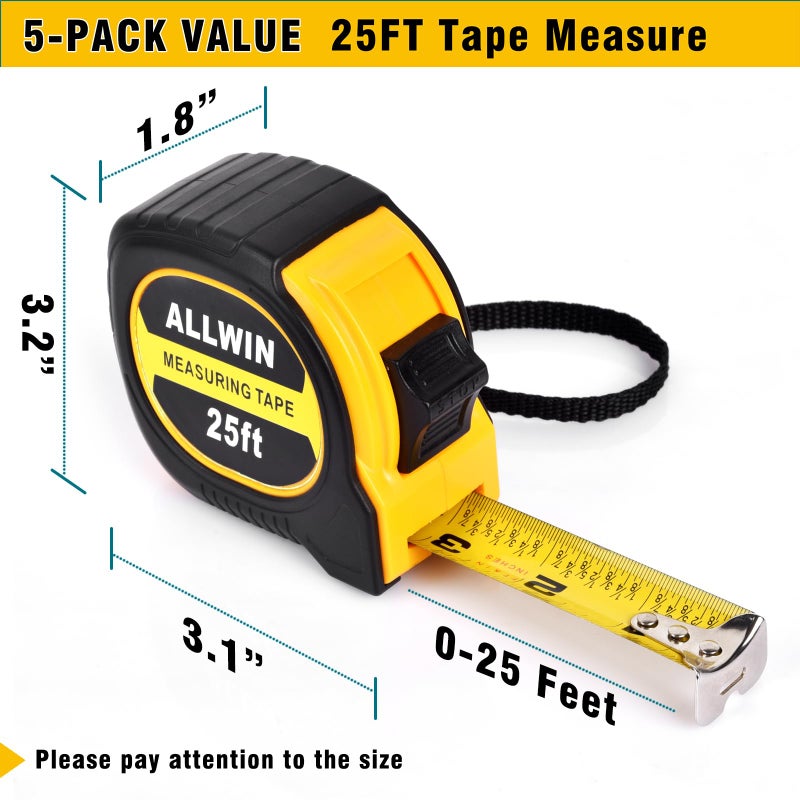 Allwin 5 Pack Tape Measure 25 ft, Easy Read Measuring Tape with Fractions 1/8, Retractable 25-Foot by 1-Inch Blade with Durable Coating & Impact-Resistant Case for Contractors & DIY - Image 2