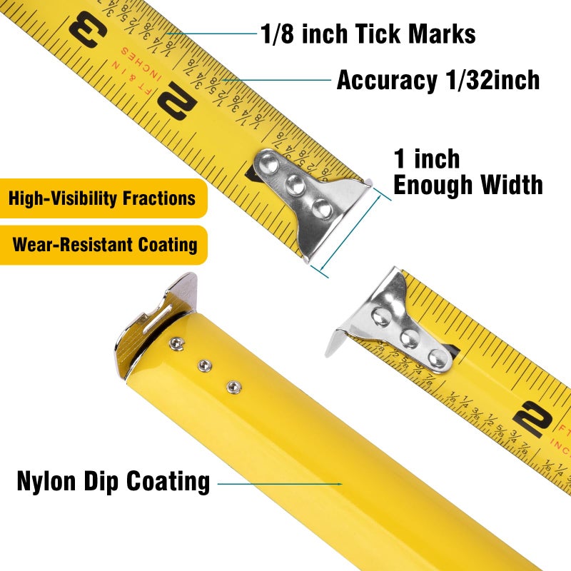 Allwin 5 Pack Tape Measure 25 ft, Easy Read Measuring Tape with Fractions 1/8, Retractable 25-Foot by 1-Inch Blade with Durable Coating & Impact-Resistant Case for Contractors & DIY - Image 4