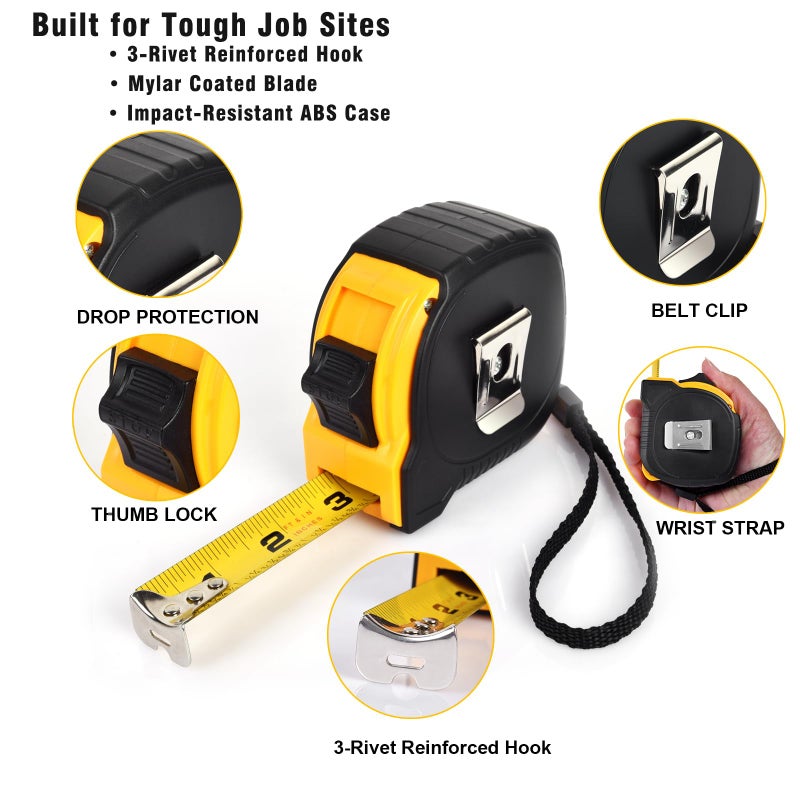 Allwin 5 Pack Tape Measure 25 ft, Easy Read Measuring Tape with Fractions 1/8, Retractable 25-Foot by 1-Inch Blade with Durable Coating & Impact-Resistant Case for Contractors & DIY - Image 3