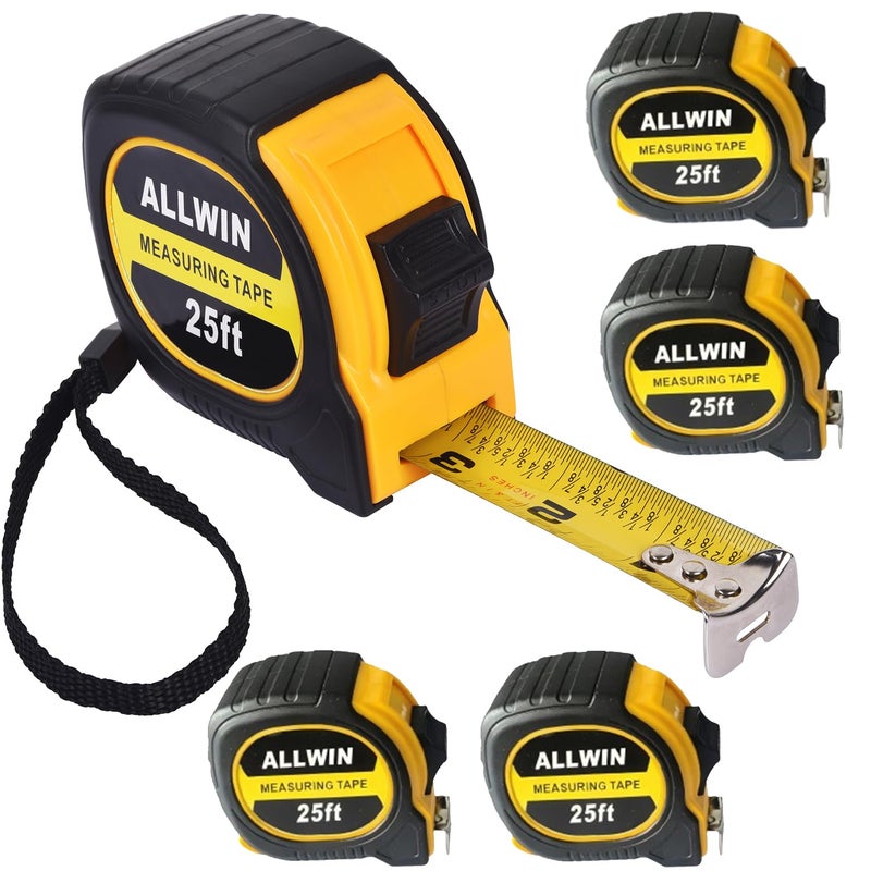 Allwin 5 Pack Tape Measure 25 ft, Easy Read Measuring Tape with Fractions 1/8, Retractable 25-Foot by 1-Inch Blade with Durable Coating & Impact-Resistant Case for Contractors & DIY - Image 1
