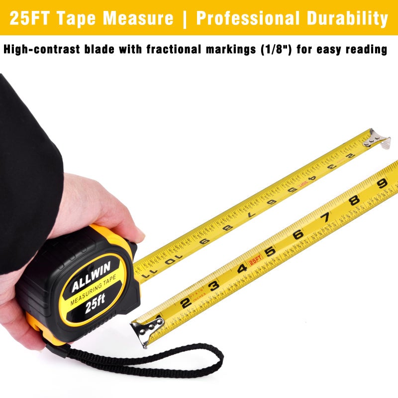 Allwin 5 Pack Tape Measure 25 ft, Easy Read Measuring Tape with Fractions 1/8, Retractable 25-Foot by 1-Inch Blade with Durable Coating & Impact-Resistant Case for Contractors & DIY - Image 5