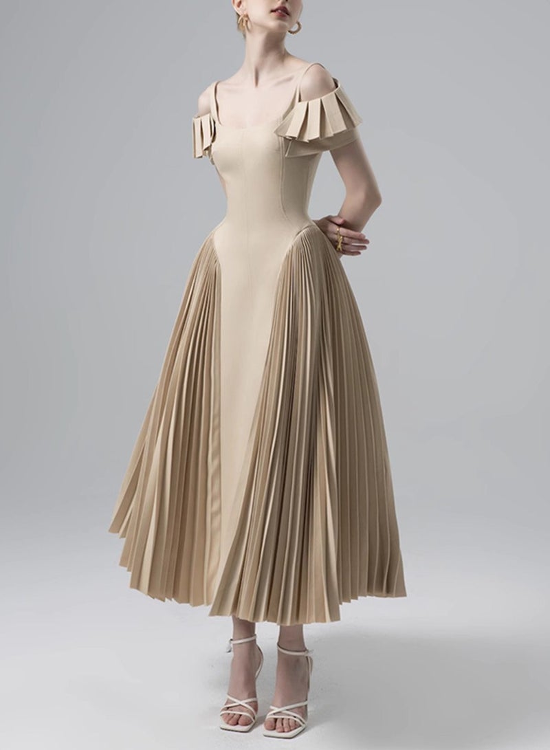 Meilun Off - the - Shoulder Ruffled - Strap Pleated Midi Dress - Image 3