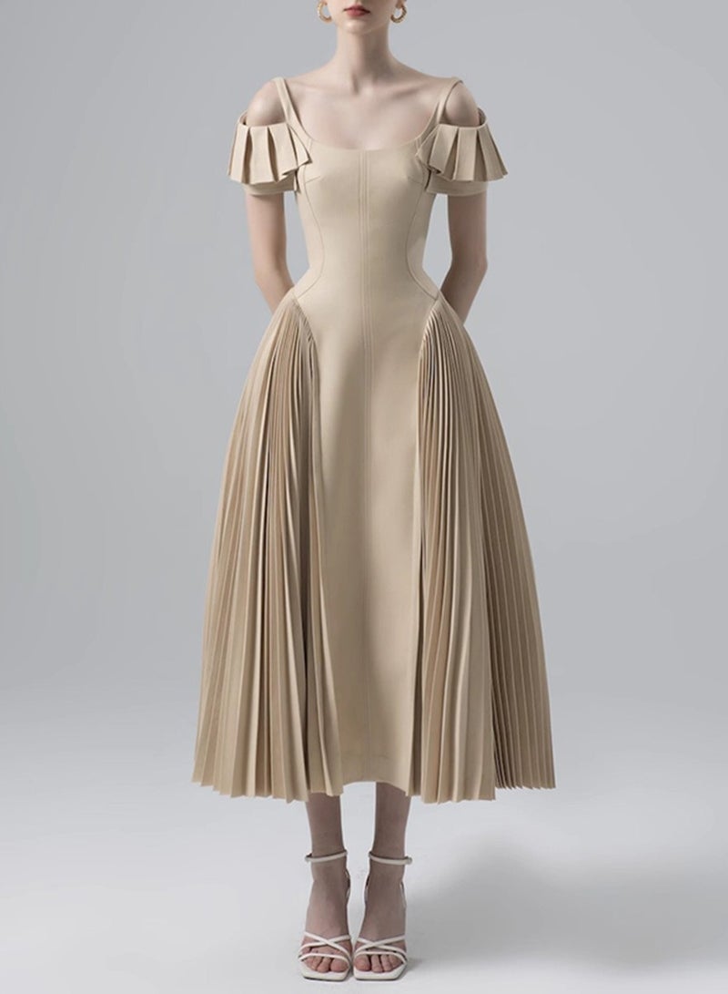 Meilun Off - the - Shoulder Ruffled - Strap Pleated Midi Dress - Image 1