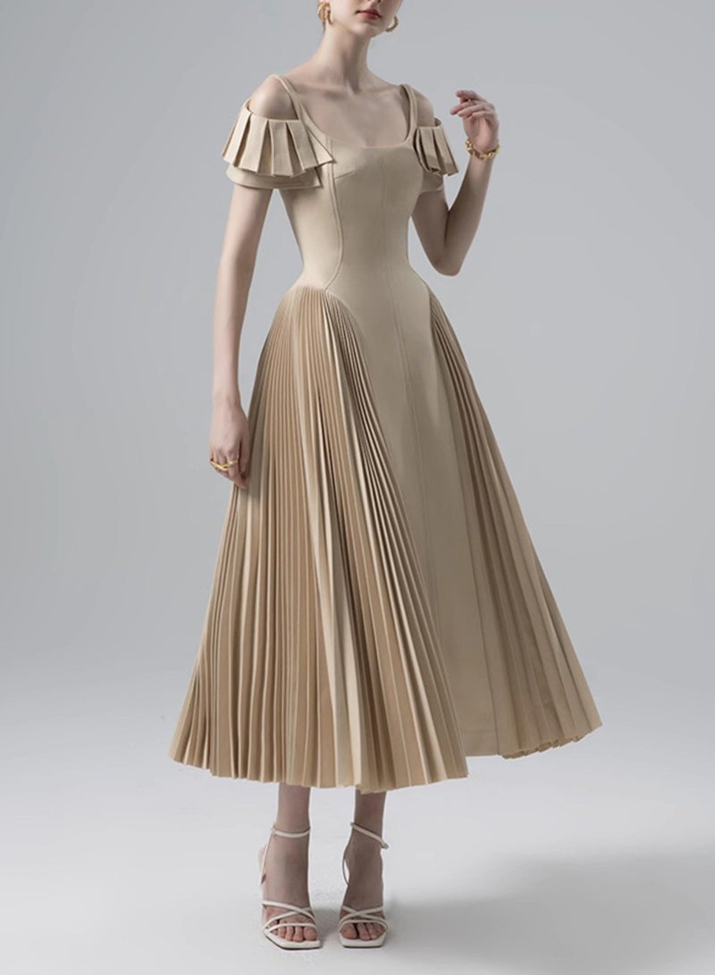 Meilun Off - the - Shoulder Ruffled - Strap Pleated Midi Dress - Image 5