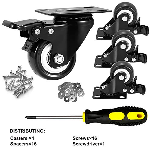 ASHGOOB 2" Caster Wheels Set of 4, Heavy Duty Casters with Brake, No Noise Locking Polyurethane (PU) Wheels, Swivel Plate Castors Pack 4 - Image 2