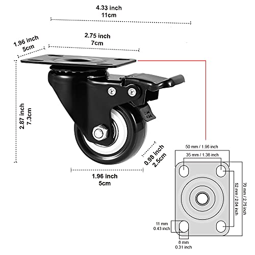 ASHGOOB 2" Caster Wheels Set of 4, Heavy Duty Casters with Brake, No Noise Locking Polyurethane (PU) Wheels, Swivel Plate Castors Pack 4 - Image 3