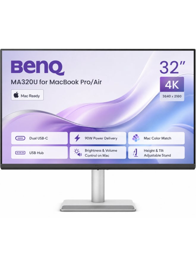 MA320U 32" 4K 3840x2160 Monitor for MacBook Pro/Air, Dual USB-C, 90W Power Delivery, Mac Color Match, USB Hub, Brightness & Volume Control on Mac, Height & Tilt Adjustable Stand silver